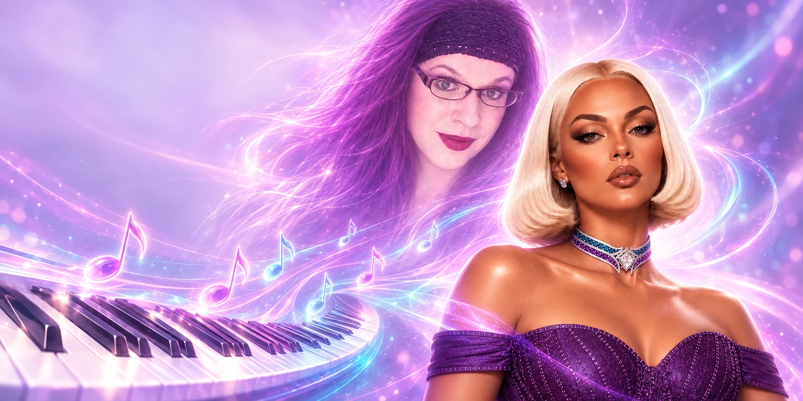 Jacqueline’s translucent purple-haired presence behind Aurelia, with neon musical notes and light trails rising from a keyboard.