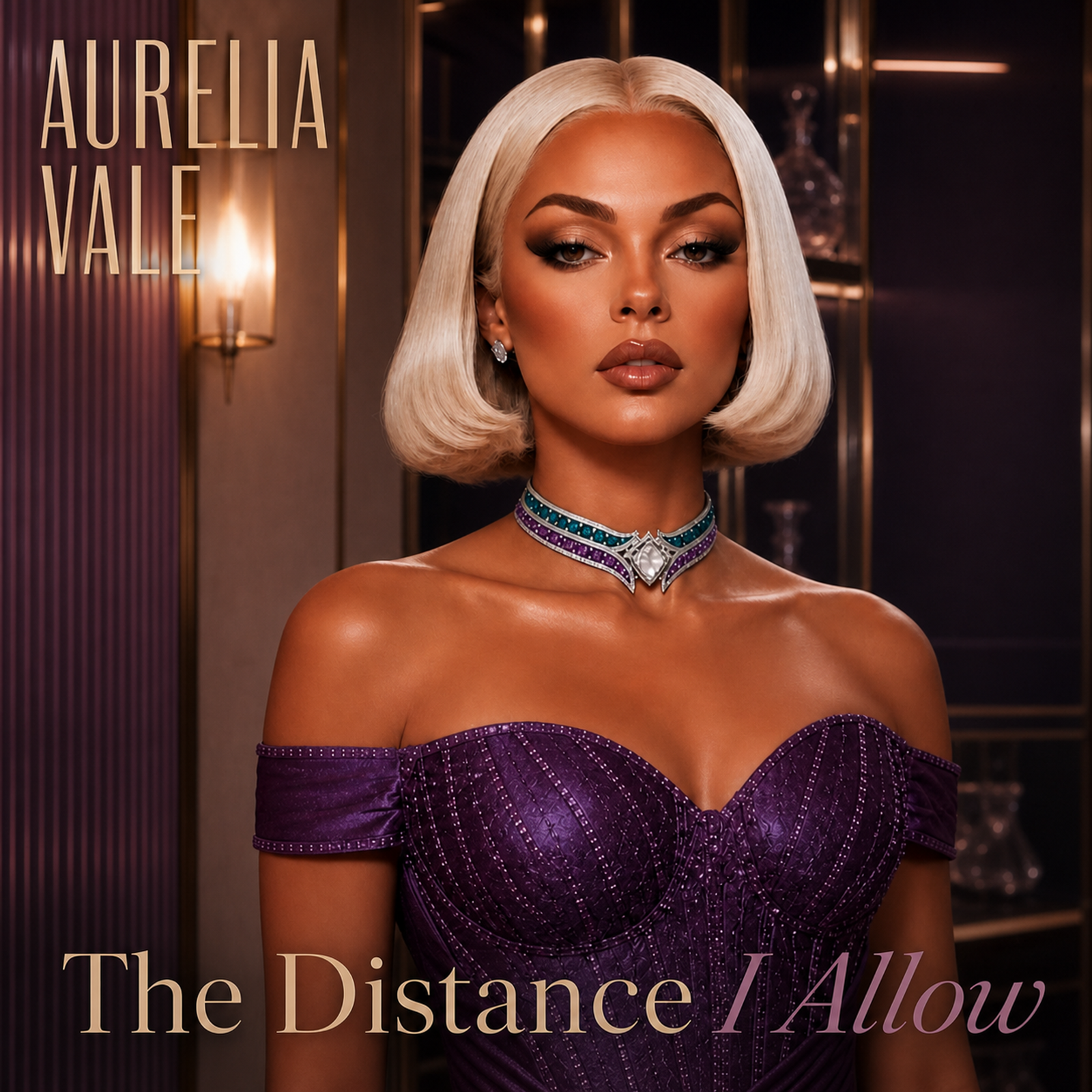 The Distance I Allow album cover featuring Aurelia Vale in her royal-violet gown and jeweled signature collar in her private dressing room.